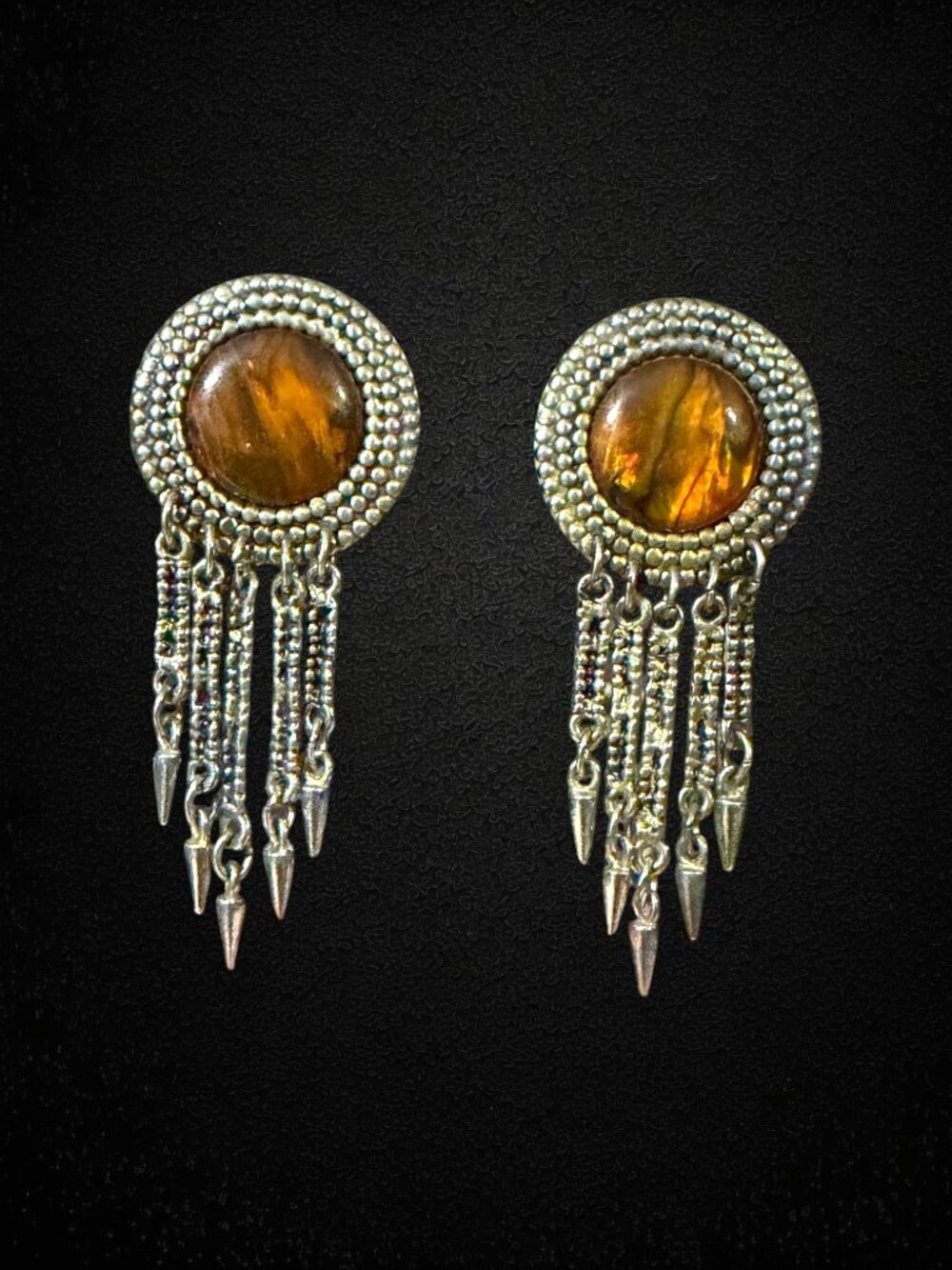 Vintage Tiger Eye Clip On Earrings Silver Tone Fringe Dangle Southwest Statement